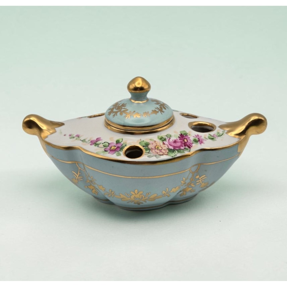 Vintage Amoges Porcelain Hand Painted Inkwell & Pen Holder Gold Gilt USA